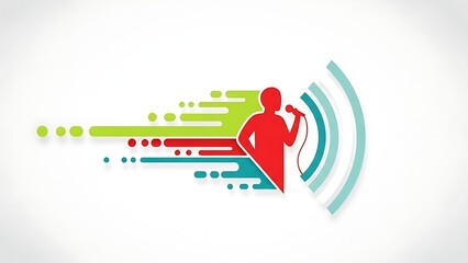 Vibrant graphic design of a confident speaker with dynamic sound waves