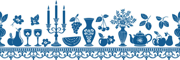 Decorative blue border pattern featuring still life elements like fruit vases candelabra and teapots for elegant presentation