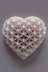 heart of harmony made of flower of life pattern in white color on gray background, mindful love, esoteric passion, romance, romantic, luxury, photorealistic