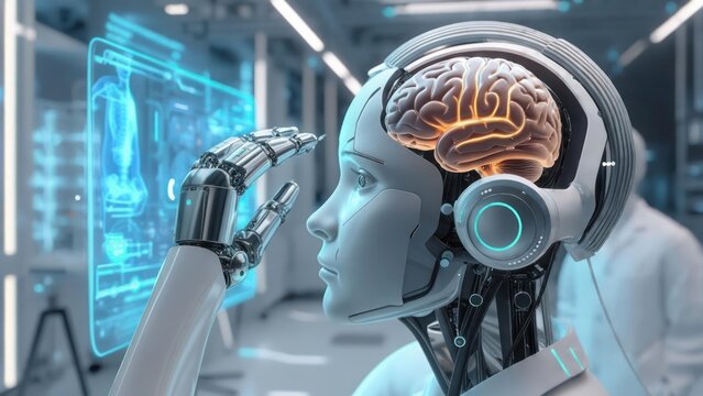 Futuristic robot examining a holographic display