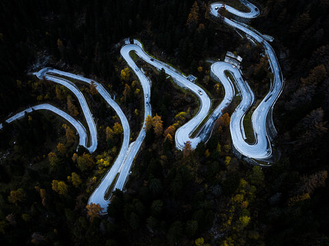 Aerial view of a serpentine road cutting through the dark embrace of autumnal forests, a stark contrast of pale asphalt against the deep greens and golds, (Malojapass) Bregaglia, Grisons, Switzerland.