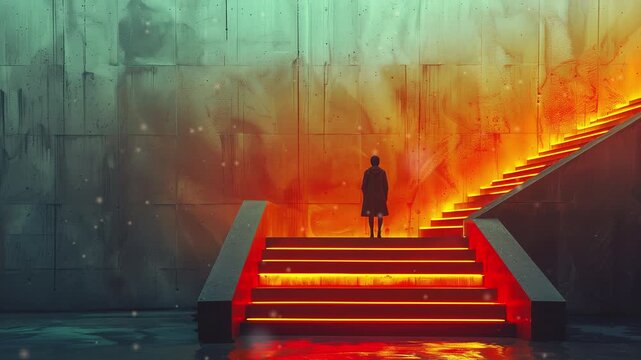 Solitary figure stands on glowing orange stairs in surreal moody video LoFi animation, ai generated. Futuristic steps with silhouette. Animated Lo-Fi 4K motion graphics with floating dust particles