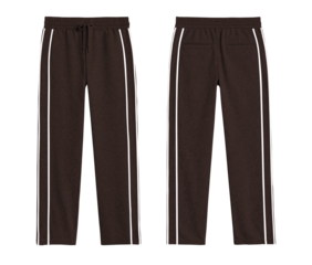 Dark Brown Athletic Track Pants with White Side Stripes, Front and Back Isolated on Transparent Background