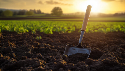 Shovel rests in rich brown earth. Endless green fields stretch to the horizon under warm sun. Farming tool symbolizes hard work, cultivation