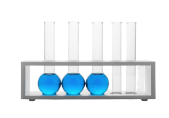 Five borosilicate glass test tubes with bright cerulean blue viscous liquid in a white rack, hyperrealistic macro shot on a reflective white surface, detailed meniscus. Concept of scientific