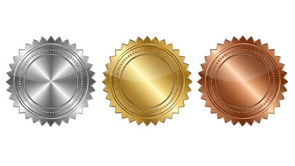 Three metallic award seals representing first second and third place in silver gold and bronze showcasing premium quality and achievement