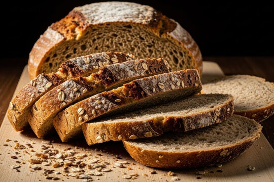 Freshly sliced multigrain or whole wheat bread arranged on a natural wooden cutting board