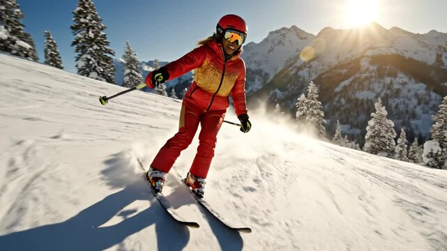 Skier in red suit on snowy mountain