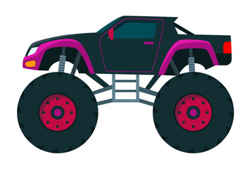 Monster truck. Bright colorful cartoon auto with big wheels. Heavy car with large tires and black tinted windows. Isolated rally 4x4 computer or mobile game © designer_things