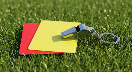 Soccer game penalty cards and whistle on green grass, game referee equipment