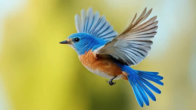 A dynamic action shot of a bluebird mid-flight, wings spread wide against a soft blue sky. Blue Bird Day, as a symbol of spring and the return of birds. Copy space. Banner.