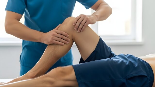 Professional physical therapist examining a patient knee. Sports medicine and rehabilitation. Healthcare worker in blue scrubs performing manual therapy on an athlete leg