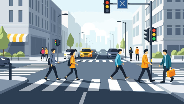 People crossing a busy city street at a crosswalk with traffic lights and cars.