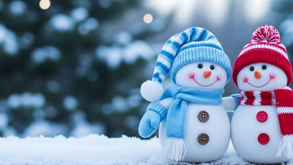 Two adorable snowman friends smiling merrily in a winter wonderland wearing cozy hats and scarves perfect for festive holiday and christmas