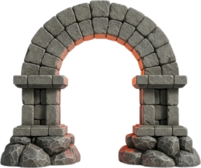 Ancient stone archway constructed from rough hewn blocks with glowing orange light emanating from within its curved structure ancient architecture ruin gateway passage entrance transparent background