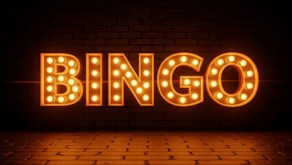 Illuminated marquee sign spelling bingo with bright glowing light bulbs set against a dark brick wall and textured floor evoking vintage