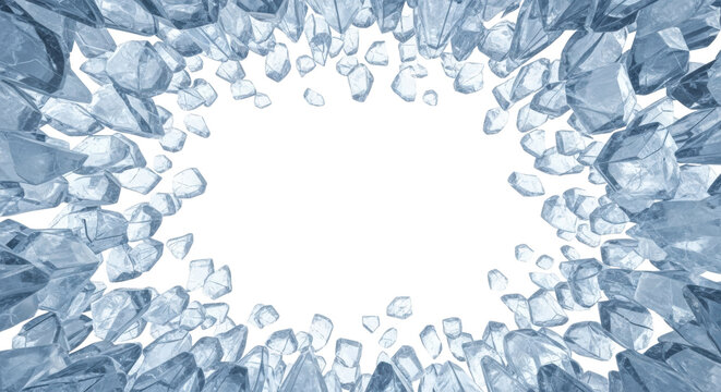 highly geometric, perfectly transparent glacial blue ice shards shatter outwards at high speed, framing pure white copy space, under harsh studio light. Concept of instantaneous destruction and