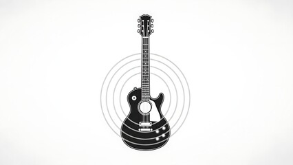 Black electric guitar with sound waves on white background