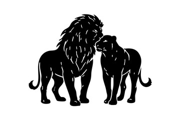 Lion couple silhouette on white isolated background