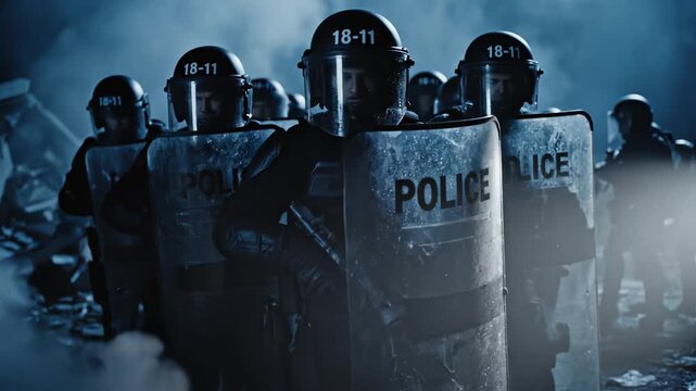 Police officers in riot gear on street