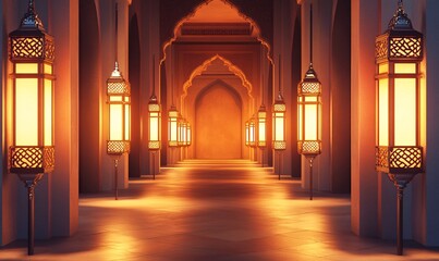 Perspective View of a Serene Islamic Corridor with Hanging Golden Fanous
