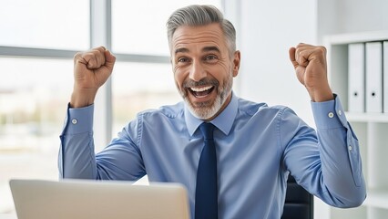 Middle aged man celebrating with fists raised in office social media thumbnail poster banner download 2026 2027