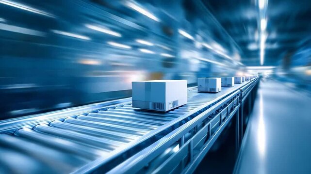 Cardboard boxes mp4ing on conveyor belt in distribution warehouse