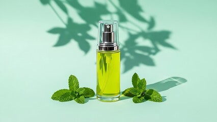 Refreshing mint essential oil spray bottle with fresh leaves and natural shadows organic skincare beauty product for aromatherapy