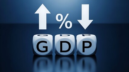 Blue gdp blocks with percent symbol and arrows indicating financial market growth or decline for economic trends