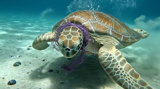 Sea turtle entangled in plastic debris underwater