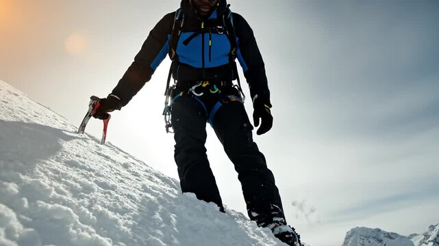 Person climbing snowy mountain with ice axe