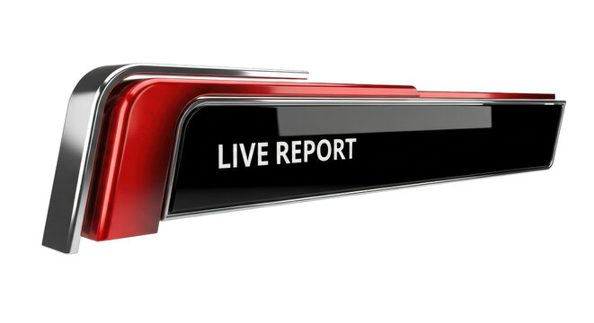 A photorealistic 3d rendered l3 graphic template for 'live report' news titling, featuring glossy crimson red, chrome details, and black glass on a clean white background. Concept for modern ui/ux
