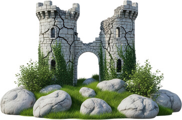 Ancient stone castle towers partially ruined and overgrown with ivy stand amidst rocks and lush green grass medieval architecture cracked boulders nature fantasy old historical transparent background