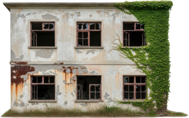 Dilapidated two story building with weathered facade cracked glass windows and lush green ivy climbing the right side abandoned building ruined house decay overgrown vines transparent background