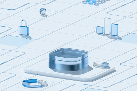 3D glassmorphism isometric render of an empty pedestal and abstract financial graphics representing digital processing and security.
