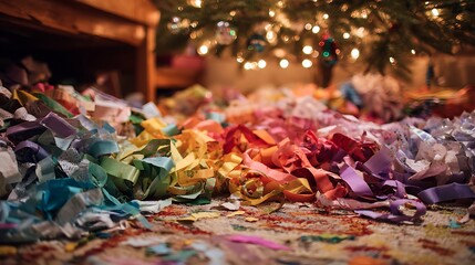 Colorful confetti scattered under a Christmas tree, with festive lights in the blurry background