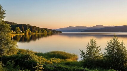 Sunset view at Yellowstone Lake (Yellowstone National Park, USA)—featuring calm alpine lake waters, coniferous forest shores, and mountain reflections in the world's first national park.