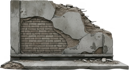 A section of weathered crumbling concrete wall revealing exposed aged brickwork and broken debris scattered at its base showing signs of structural decay crumbling wall exposed brick transparent