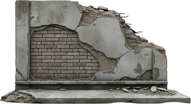 A section of weathered crumbling concrete wall revealing exposed aged brickwork and broken debris scattered at its base showing signs of structural decay crumbling wall exposed brick transparent