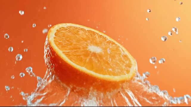 Juicy orange slice splashing in water on orange background