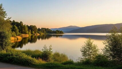 Obraz premium Sunset view at Andrew Haydon Park (Ottawa, Canada)—featuring calm Ottawa River waters, forested shores, and mountain reflections in a urban natural oasis.