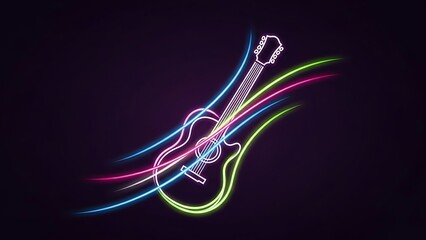Vibrant neon guitar with dynamic colorful light trails on dark background