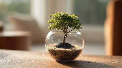 A small bonsai tree thrives inside a glass bowl, atop a wooden surface with a soft-focus background