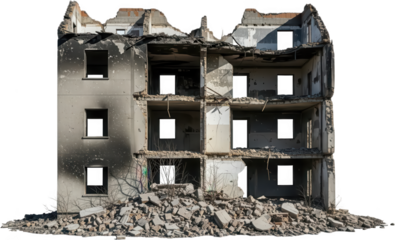 A partially destroyed multi story concrete building stands with debris piled around its base revealing exposed floors and hollow window openings destruction ruin damaged collapse