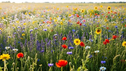 A colorful landscape of red poppies and yellow tulips bloom in a vibrant spring meadow under a clear sky, showcasing the natural beauty of a garden in blossom