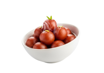 sugar-dusted red fruit balls in white bowl