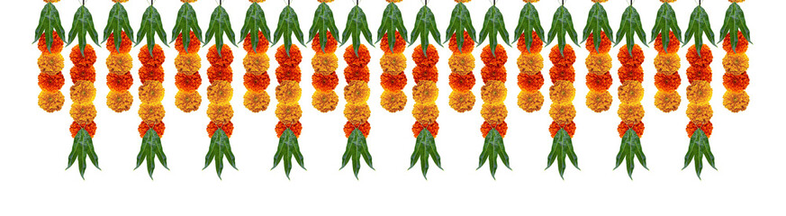 Marigold hanging flowers decorative design element with mango leafs for hindu festival and invites