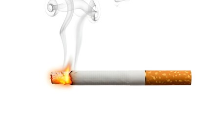 Smoking cigarette with smoke rising and burning ember closely