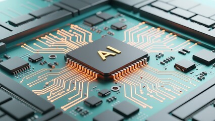 Fototapeta premium Close up view of modern computer processor chip with intricate golden circuit pathways