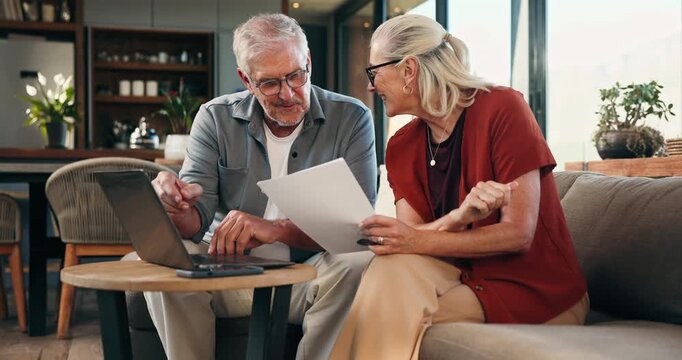 High five, laptop and old couple in home with paperwork for online banking, digital payment and savings. Retirement, celebrate and elderly man and woman with expenses, budget planning or pension fund